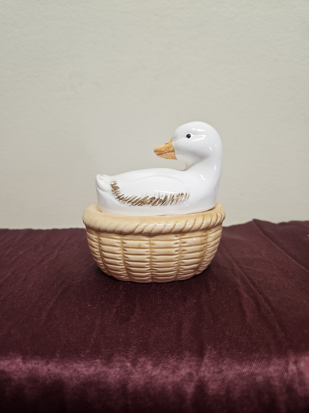 Vintage 1984 Enesco Ceramic Duck Nest Covered Dish with Tan Wicker Basket